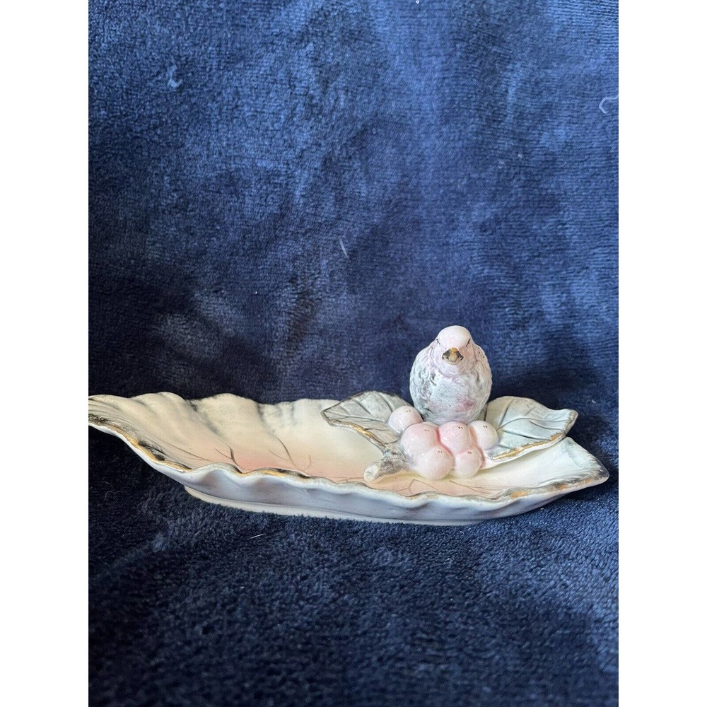 ucago berries and bird handmade trinket candy dish. pink & green. 24k gold trim